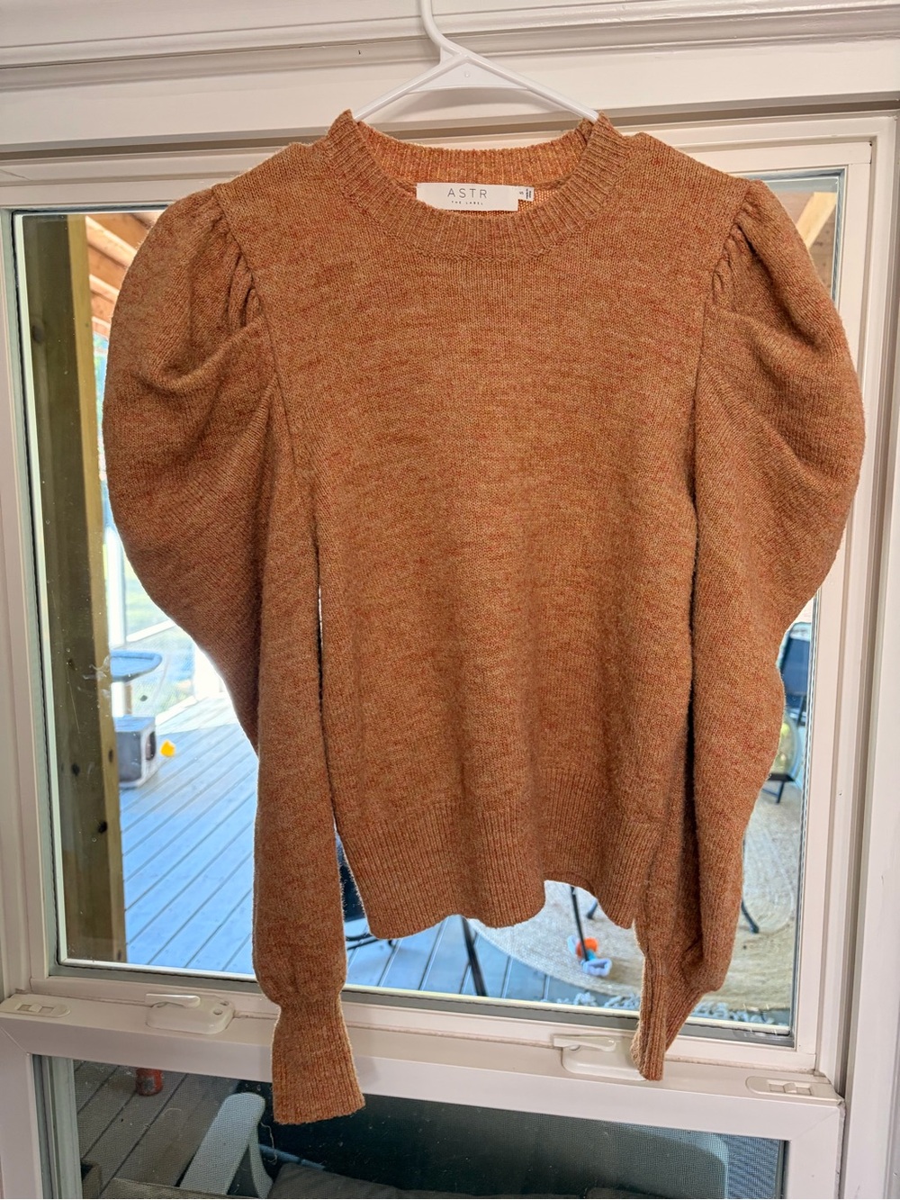 Astr Puff Sleeve Crewneck Sweater in Rusty Orange